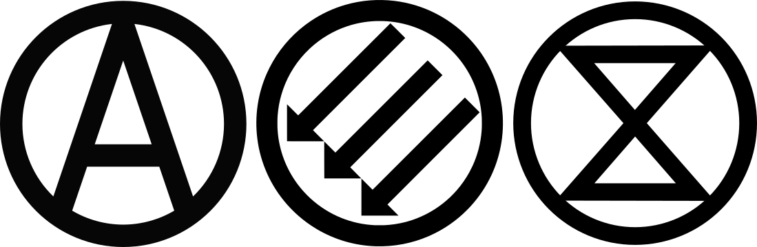 a circle-A symbol, three arrows symbol, and extinction symbol